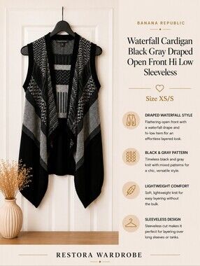 Banana Republic Petite XS/S Waterfall Cardigan Vest Black Gray Open Front
